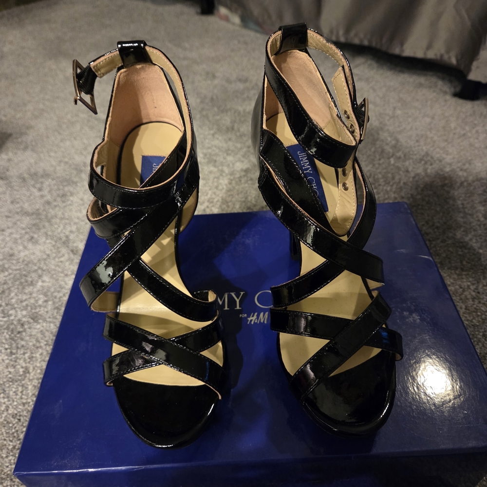Jimmy Choo Black Patent Strappy Heels